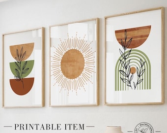 Könnte beinhalten: Drei abstrakte Kunstdrucke mit minimalistischem Design, das geometrische Formen, Blätter und eine Sonne in Braun-, Grün- und Weißtönen zeigt. Die Drucke sind in Naturholz gerahmt und tragen den Text "PRINTABLE ITEM" darunter.