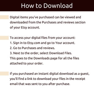 May include: A white background with black text explaining how to download digital items purchased on Etsy. The text includes instructions on how to access digital files from an Etsy account and how to download files purchased as a guest.