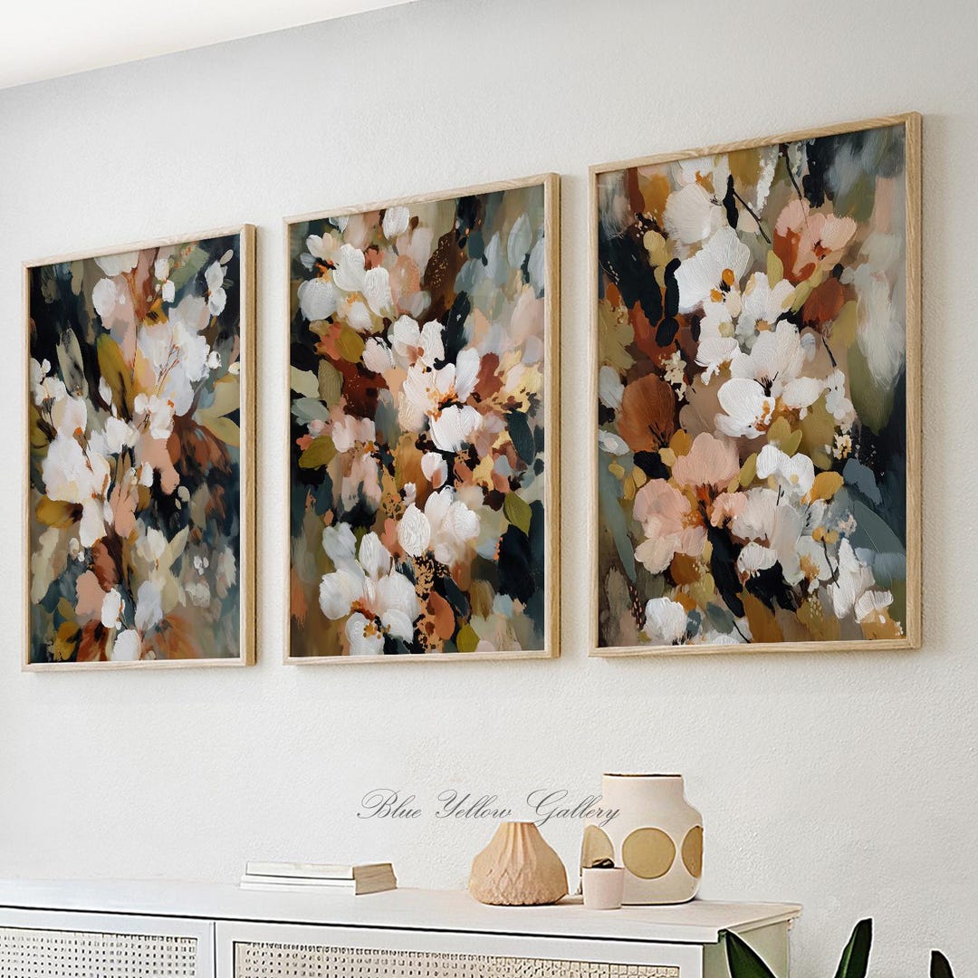 Abstract Floral Wall Art Set of 3 | White Flower Paintings | Warm ...