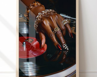 Retro Vinyl Wall Art, Luxury Glam Hand Portrait Print, Fashion Aesthetic Decor, Dark Moody Wall Art, Music Lover Gift, Statement Wall Art