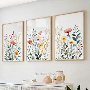 Summer wildflower botanical wall art set of 3 print, boho floral print. watercolour wildflowers print, botanical print for modern room decor