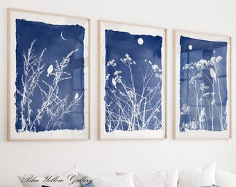 Navy blue minimalist wild flower & birds wall art set of 3 print. Modern botanical gallery wall set, rustic abstract nature line art poster