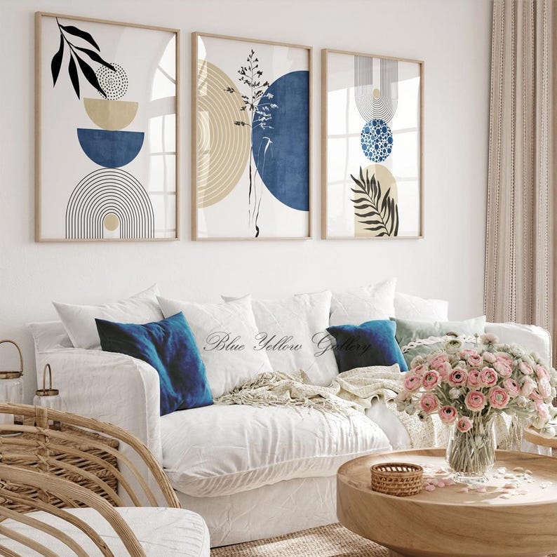 Printable Set of 3 Blue Beige Abstract Mid Century Print. Modern Boho ...