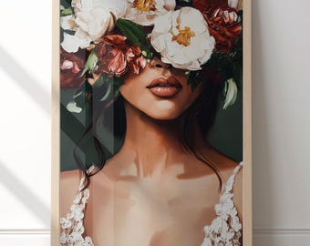 Impresión abstracta de mujer con flores: arte mural bohemio ecléctico