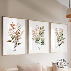 Juego de 3 láminas de arte mural botánico neutro. Láminas de ramos de flores silvestres de estilo rústico. Arte mural floral de galería, decoración de habitación otoñal con estética bohemia.