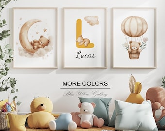 Juego de 3 láminas personalizadas de osito de peluche para habitación infantil. Decoración infantil con nombre personalizado, oso, luna y estrella.