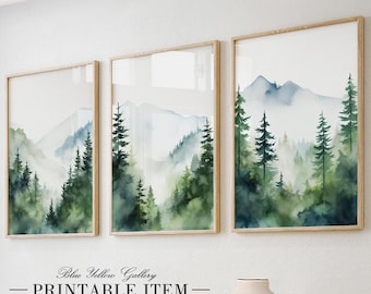 Abstract mountains foggy forest set of 3 print, watercolor nature gallery wall set, 3 panel wall art, mountain artwork, aesthetic room decor