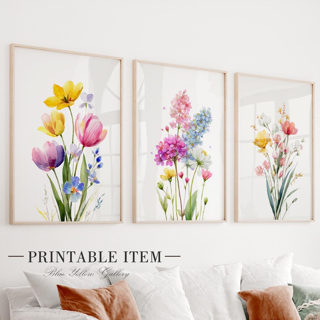 Watercolor Flower Wall Art Set of 3 Prints, Botanical Printable Artwork ...