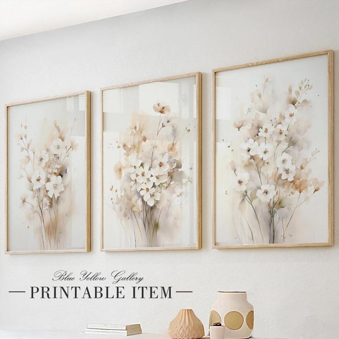 Neutral Beige Floral Wall Art Set of 3 Prints. Nature Willd Flowers ...