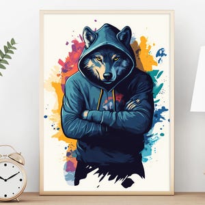Dopamin Wolf Poster, Tier Funky Wandkunst, Jugendzimmer Dekor, Graffiti College Wohnheim Druck, Anthropomorphes Tier Porträt, Spielzimmer Dekor