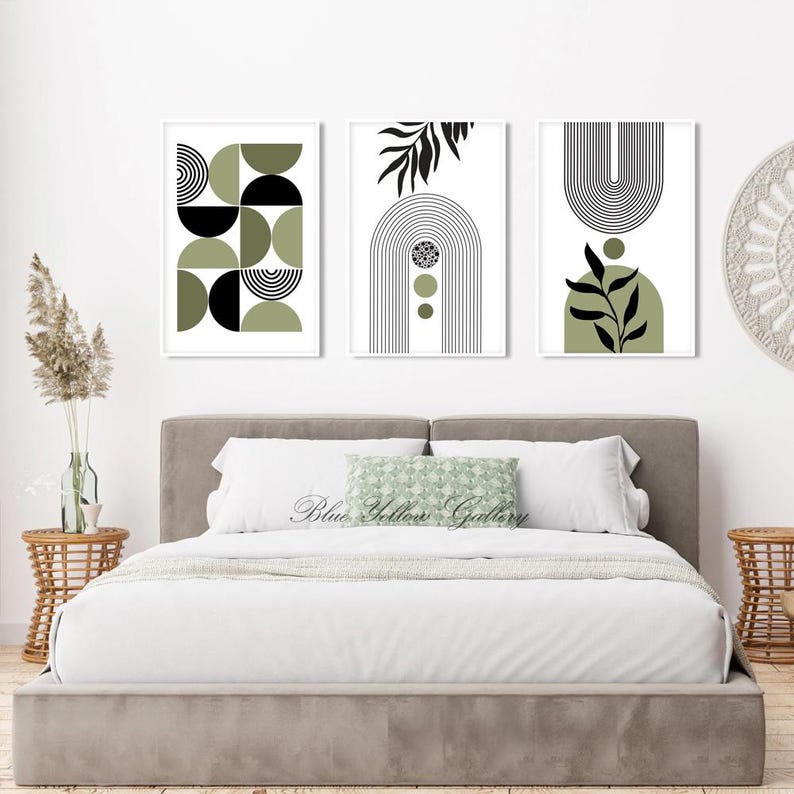 Black olive green boho printable art set of 3 prints. Mid century modern abstract wall art, neutral room decor aesthetic boho posters