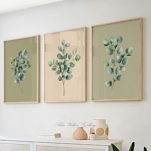 Sage Green Beige Eucalyptus Wall Art Set of 3, Minimalist Botanical Print, Modern Plant Posters, Pastel Natural Scandinavian Wall Art