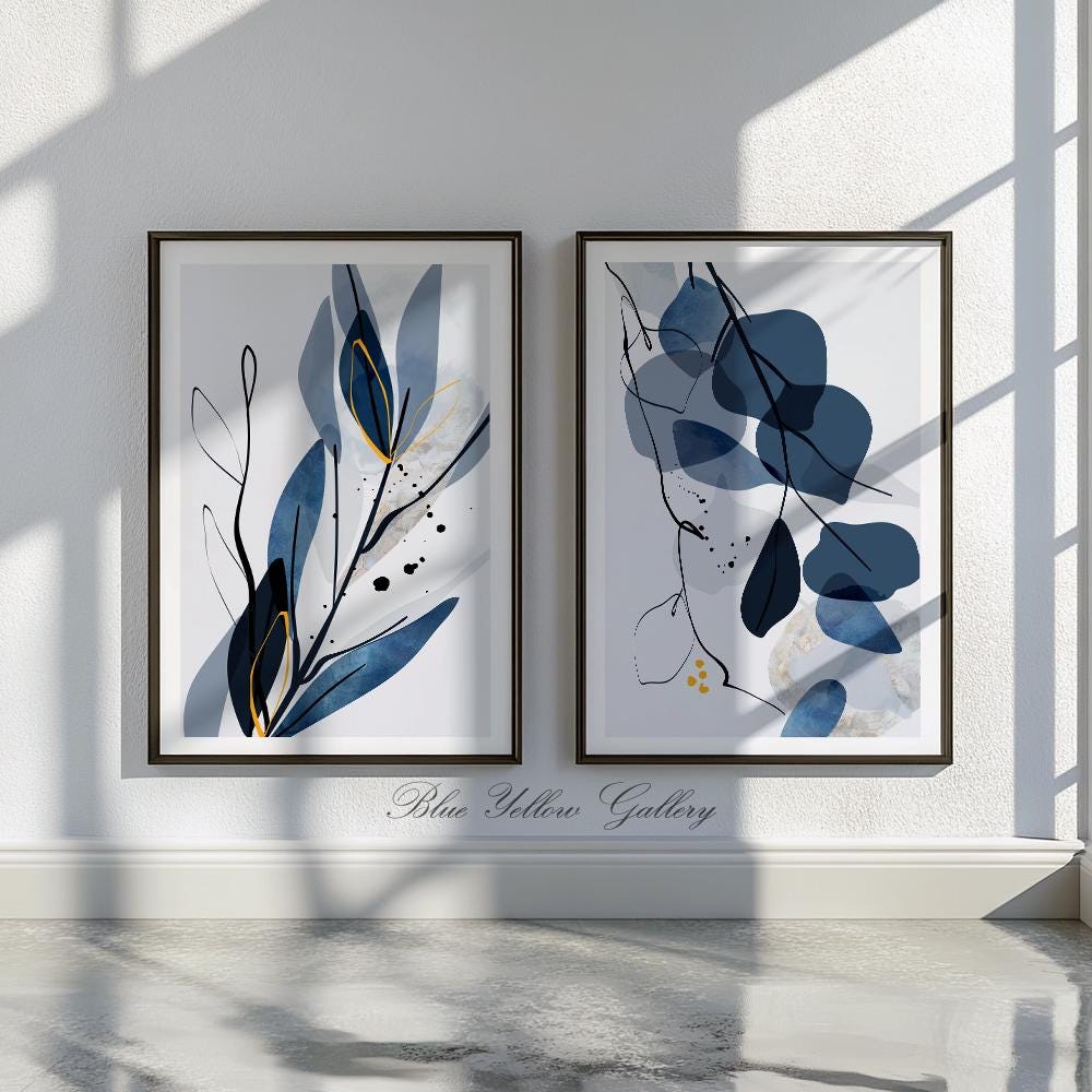 Navy Blue Botanical Wall Art Set of 2 Prints. Indigo Large Abstract ...