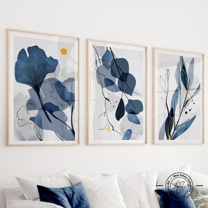 Navy Blue Botanical Wall Art Set of 3. Indigo Large Abstract Leaves Art ...