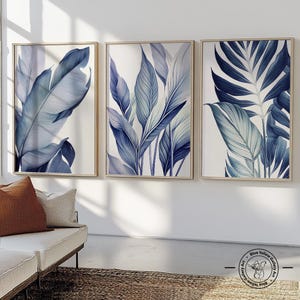 Navy Blue Tropical Palm Leaves Wall Art Set of 3 Prints. Modern ...