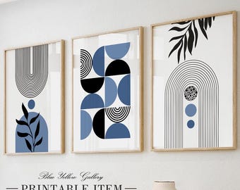 Juego de 3 impresiones de arte de pared moderno de mediados de siglo en azul marino. Pósteres botánicos minimalistas bohemios. Juego de galería de pared sobre la cama con diseño abstracto bohemio