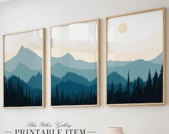 Navy blue abstract boho mountains print set of 3. Mid century modern nature sunrise minimalist gallery wall set, room decor aesthetic boho