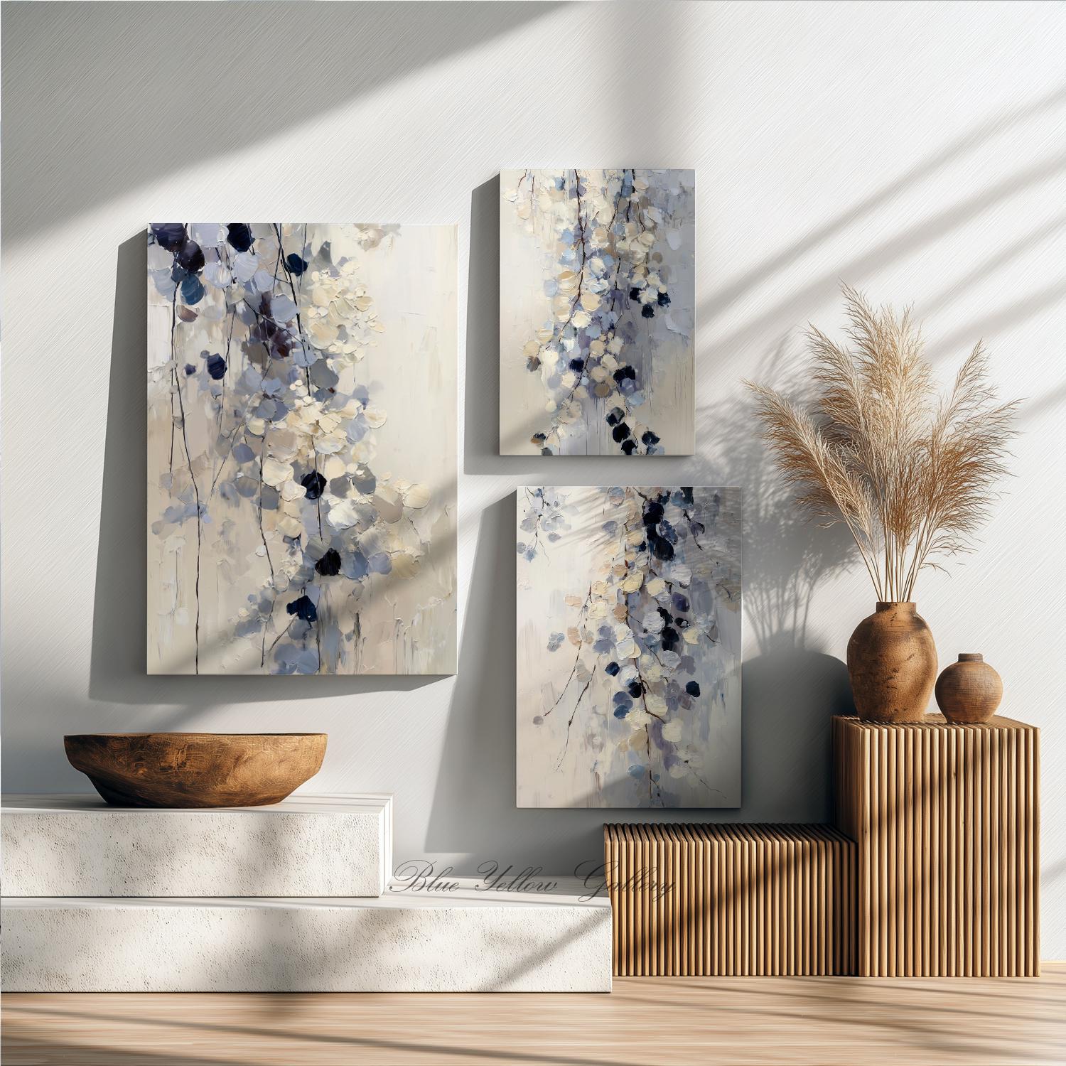 Neutral Blue Leaves Wall Art Set of 3, Modern Abstract Botanical Prints ...