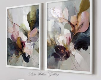 Abstract Botanical Wall Art Set of 2, Modern Neutral Floral Abstract Paper Prints