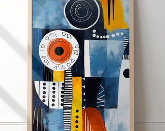 Blue Yellow Abstract Wall Art, Modern Geometric Print, Mid Century Contemporary Poster, Bold Statement Living Room Decor