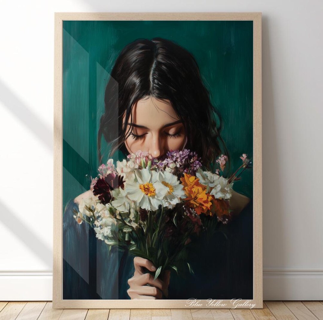 Vintage Woman With Flowers Print, Emerald Green Female Portrait ...