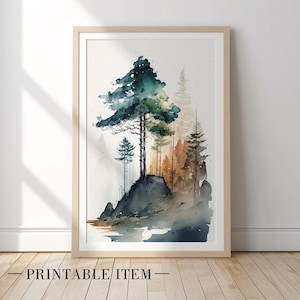Printable abstract nordic pine forest landscape. Watercolor modern mountains pine trees abstract print