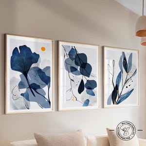 Navy Blue Watercolor Botanical Nordic Printable Art Set of 3. Indigo ...