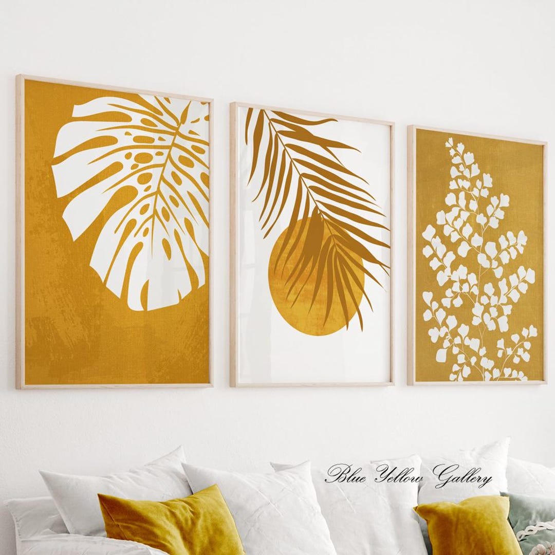 Mustard Yellow Botanical Wall Art Set of 3 Prints. Modern Tropical ...