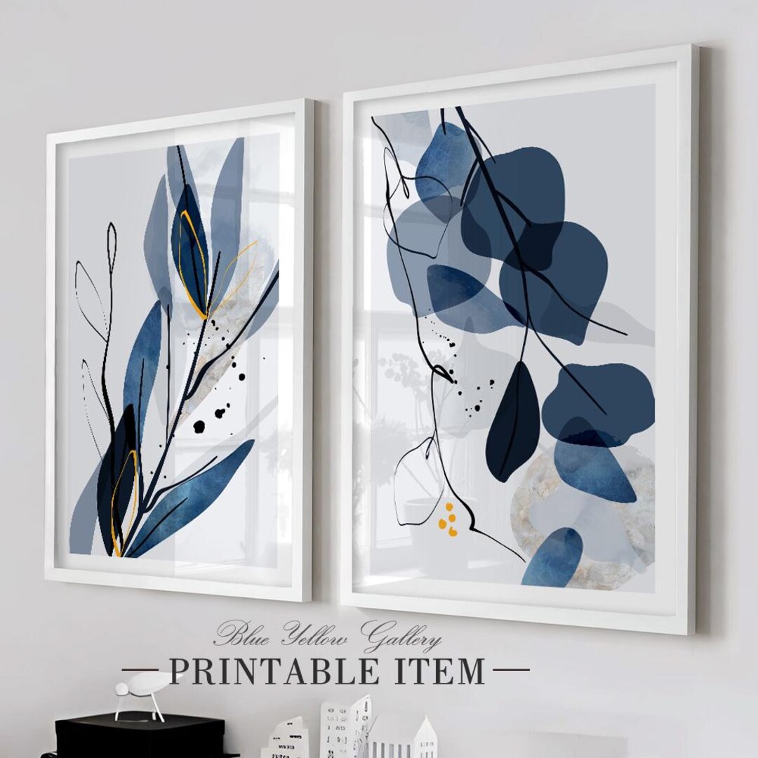 Navy Blue Botanical Printable Art Set of 2. Indigo Large Abstract ...