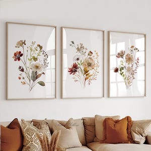 Wildflower Botanical Wall Art Set of 3 Prints, Modern Floral Print, Cottagecore Pastel Flower Art, Farmhouse Bedroom Decor, Botanical Print