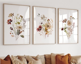 Wildflower Botanical Wall Art Set of 3 Prints, Modern Floral Print, Cottagecore Pastel Flower Art, Farmhouse Bedroom Decor, Botanical Print