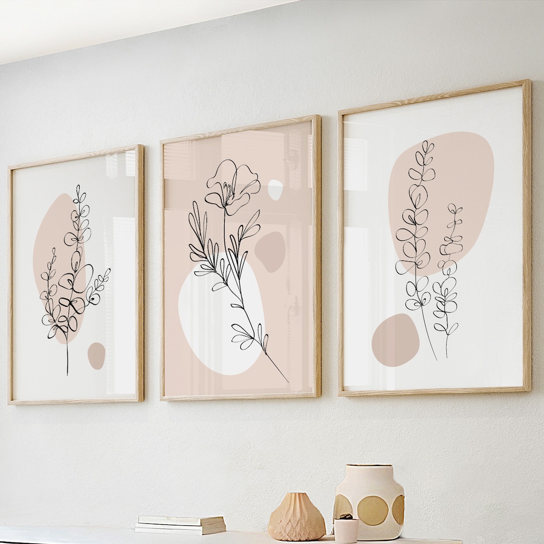 Dusty Pink Minimalist Botanical Wall Art Set of 3 Prints. Simple Plant ...