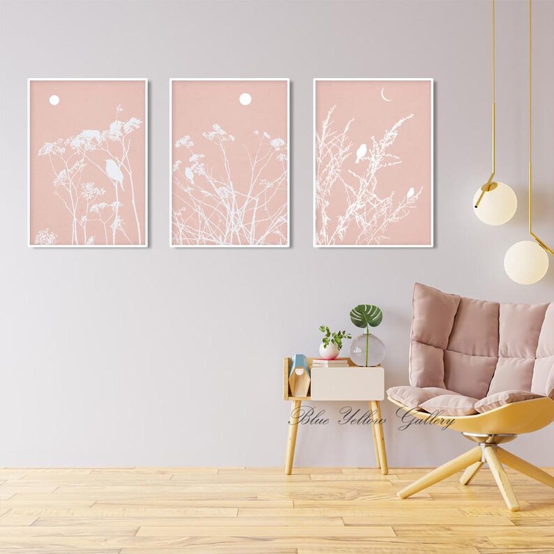 Pastel Pink Botanical Farmhouse Wall Art Set of 3 Printable Art. Modern ...