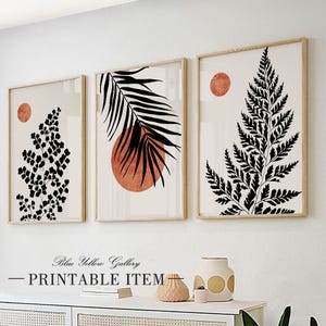 Black red botanical palm leaves art set of 3. Modern bohemian minimalist gallery wall set. Simple nature above bed decor prints
