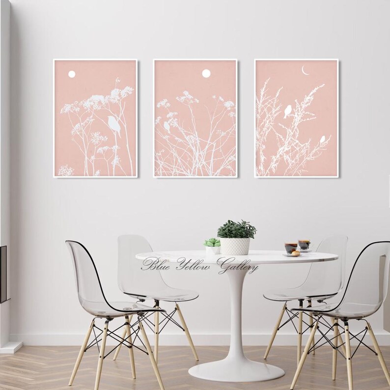 Pastel Pink Botanical Farmhouse Wall Art Set of 3 Printable Art. Modern ...