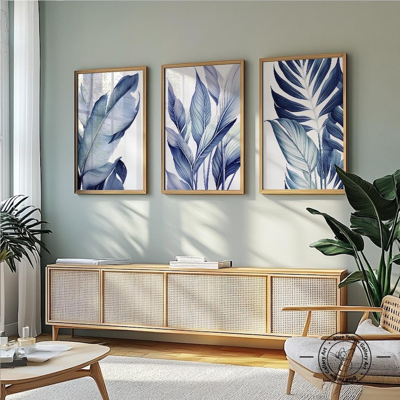 Navy Blue Tropical Palm Leaves Wall Art Set of 3 Prints. Modern ...