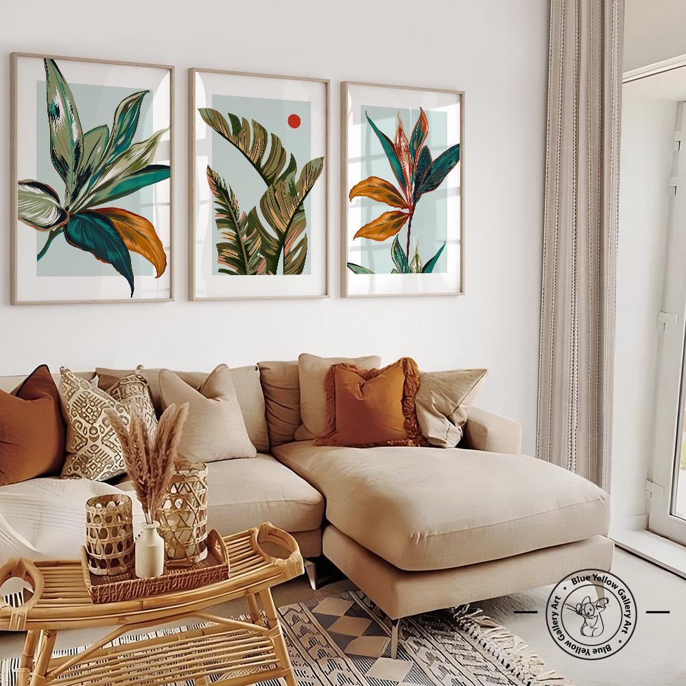 Colorful Blue Botanical Wall Art Set of 3 Prints. Modern Tropical ...