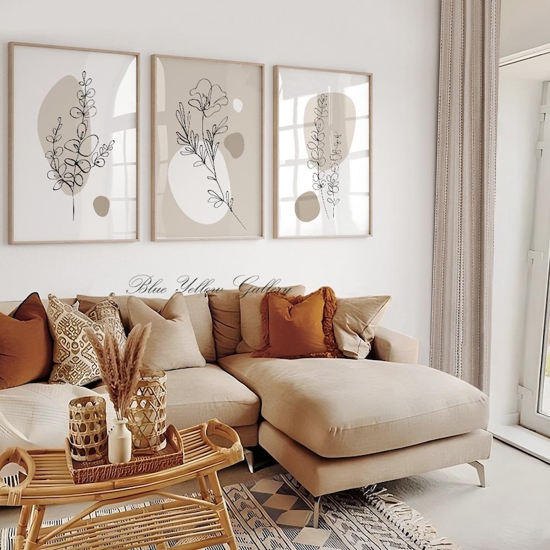 Neutral Beige Minimalist Botanical Wall Art Set of 3 Prints. Simple ...
