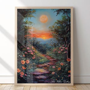 Stampa artistica da parete di campagna serale. Poster vintage con fiori selvatici e alberi, natura accogliente. Stampa artistica da interno neutra boho