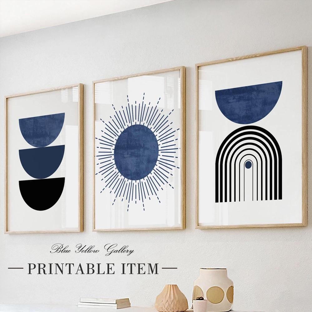 Navy Blue Black Mid Century Modern Wall Art Set of 3 Print. Boho