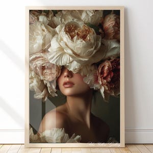 Luxury Floral Woman Wall Art, Elegant Feminine Portrait Print, Vintage Botanical Aesthetic, Neutral Statement Bedroom Decor