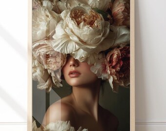 Luxury Floral Woman Wall Art, Elegant Feminine Portrait Print, Vintage Botanical Aesthetic, Neutral Statement Bedroom Decor