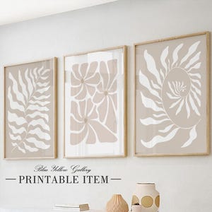Neutrales beiges modernes Wandset mit 3 Drucken aus der Mitte des Jahrhunderts. Minimalistische Blumengalerie Wandkunst Matisse Poster über dem Bettdekor