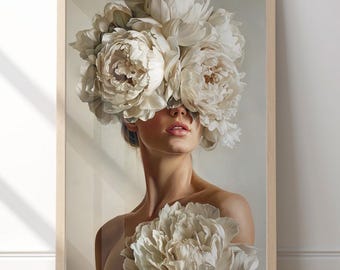 Impresión de arte mural con flores de mujer, retrato moderno con peonías blancas, elegante arte femenino, decoración de pared con estética neutra.
