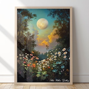 Stampa artistica da parete di campagna con luna serale. Poster vintage con fiori selvatici e alberi, natura accogliente. Stampa artistica da interno neutra boho