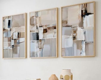 Neutral Abstract Wall Art Set of 3, Beige Modern Canvas Prints, Minimalist Geometric Wall Decor