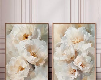 Juego de 2 láminas de arte mural floral neutro. Conjunto de galería de cuadros de peonías modernas. Arte mural botánico en tonos pastel. Decoración de pared para dormitorio en tonos apagados.