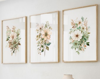 Neutral sage green beige wild flowers set of 3 prints, watercolor botanical farmhouse art set of 3. Floral printable gallery wall art prints