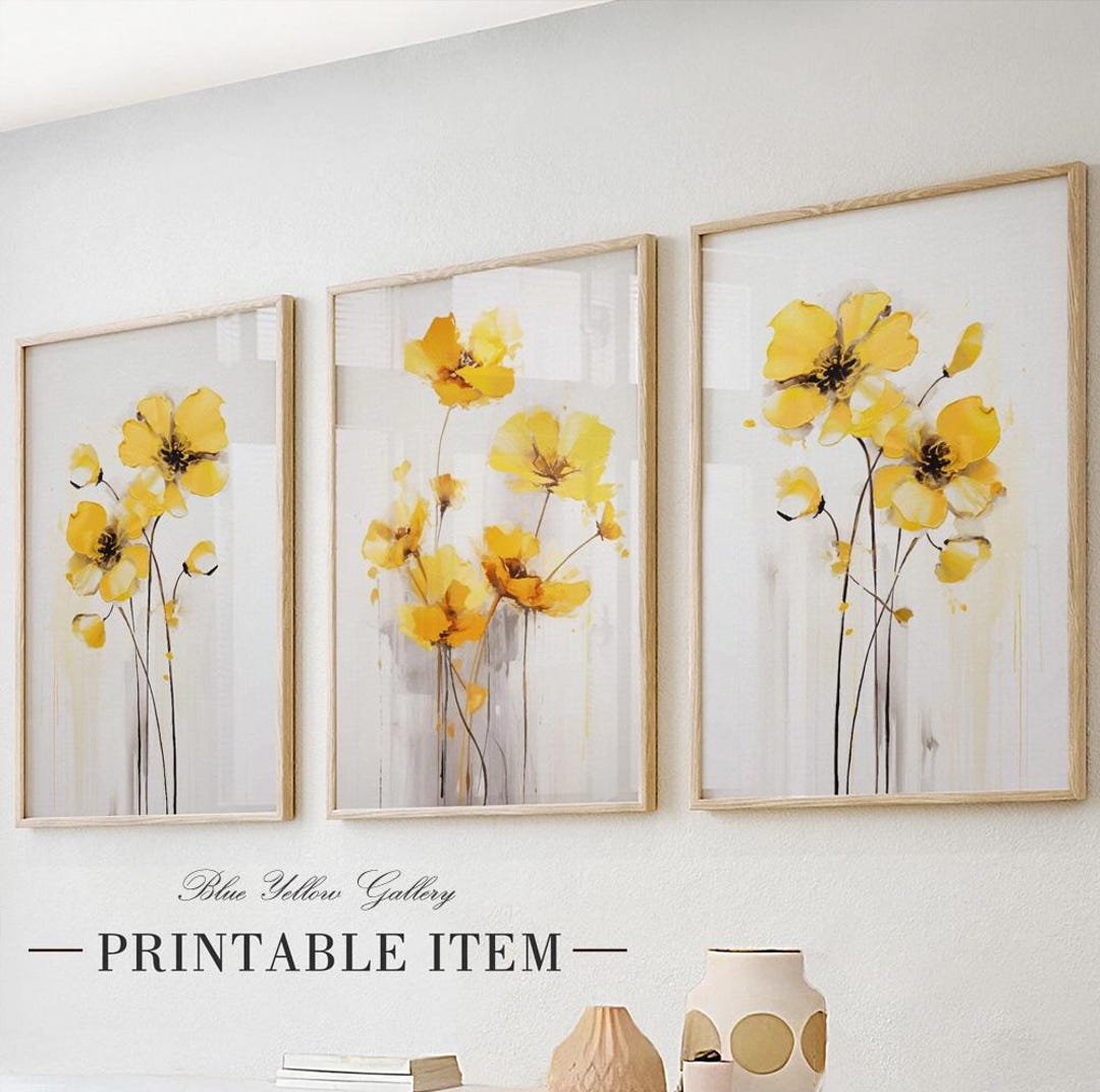 Yellow Minimalist Flowers Set of 3 Prints. Floral Gallery Wall Set ...