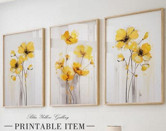 Yellow minimalist flowers set of 3 prints. Floral gallery wall set, botanical print, wildflowers farmhouse wall art, apartment decor